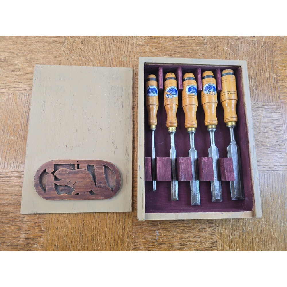 Set of 5 Vintage Beaver Woodworking Chisels Eskilstuna, Sweden - In Custom Box
